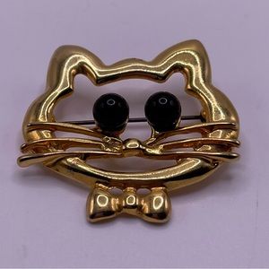 VTG Gold Tone Kitty Cat Head Black Bead Eyes Brooch Pin Estate Costume Jewelry